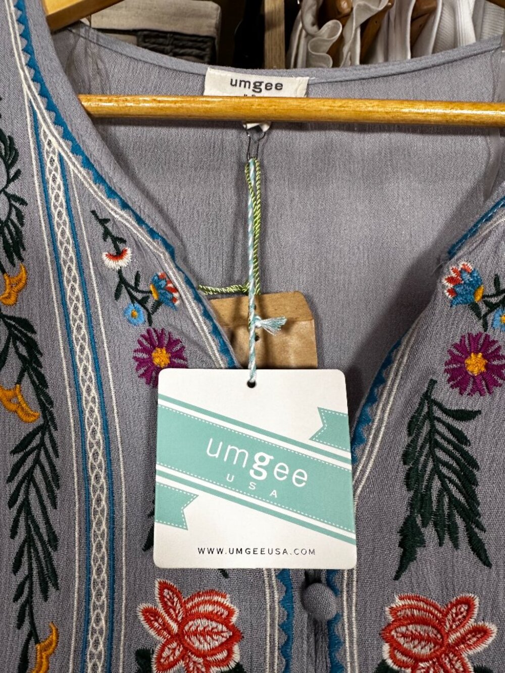 Umgee Embroidered Boho Tunic Dress | Gray | Tassel Detail - Picture 6 of 7
